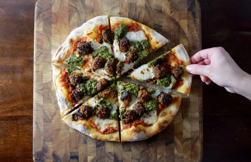 Vegan Meatball Pesto Pizza