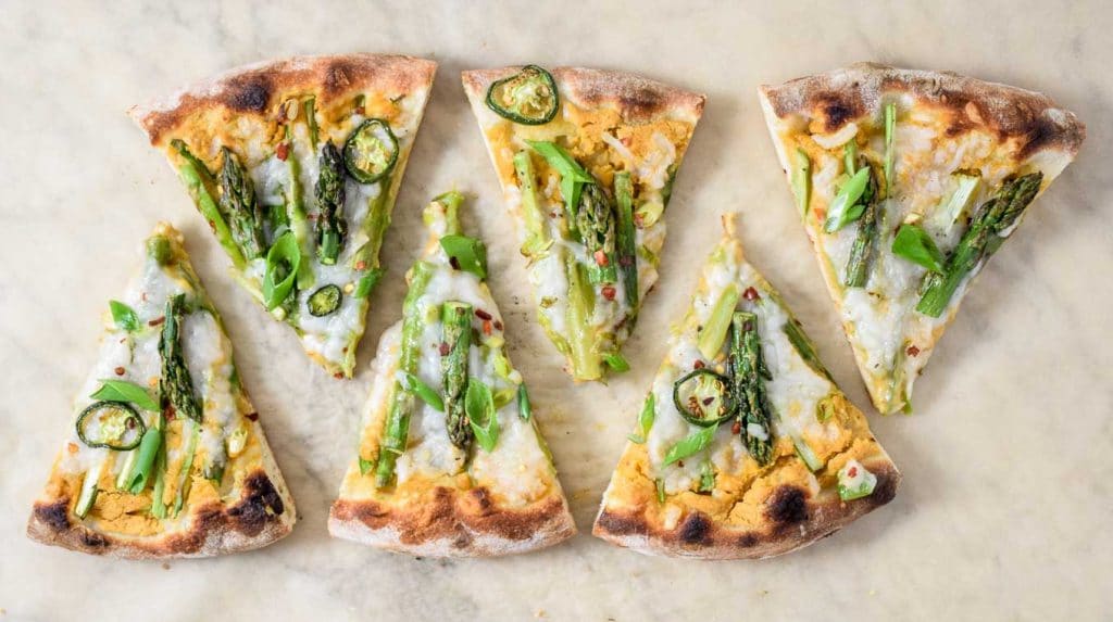 vegan asparagus pizza spicy chickpea sauce