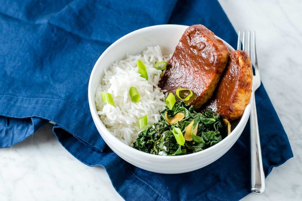 chipotle barbecue tofu with smokey collard greens