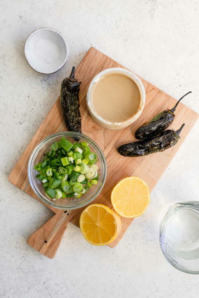 ingredients for tahini-roasted jalapeño dressing