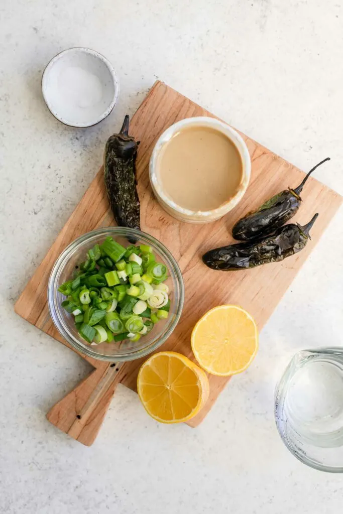 ingredients for tahini-roasted jalapeño dressing