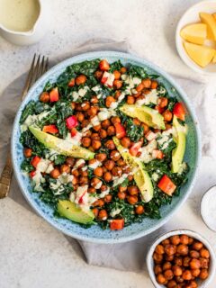 kale salad with roasted jalapeño dressing and smoky chickpeas