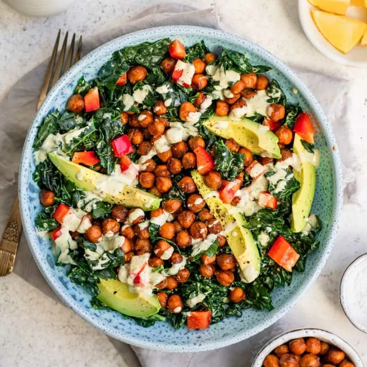 kale salad with roasted jalapeño dressing and smoky chickpeas