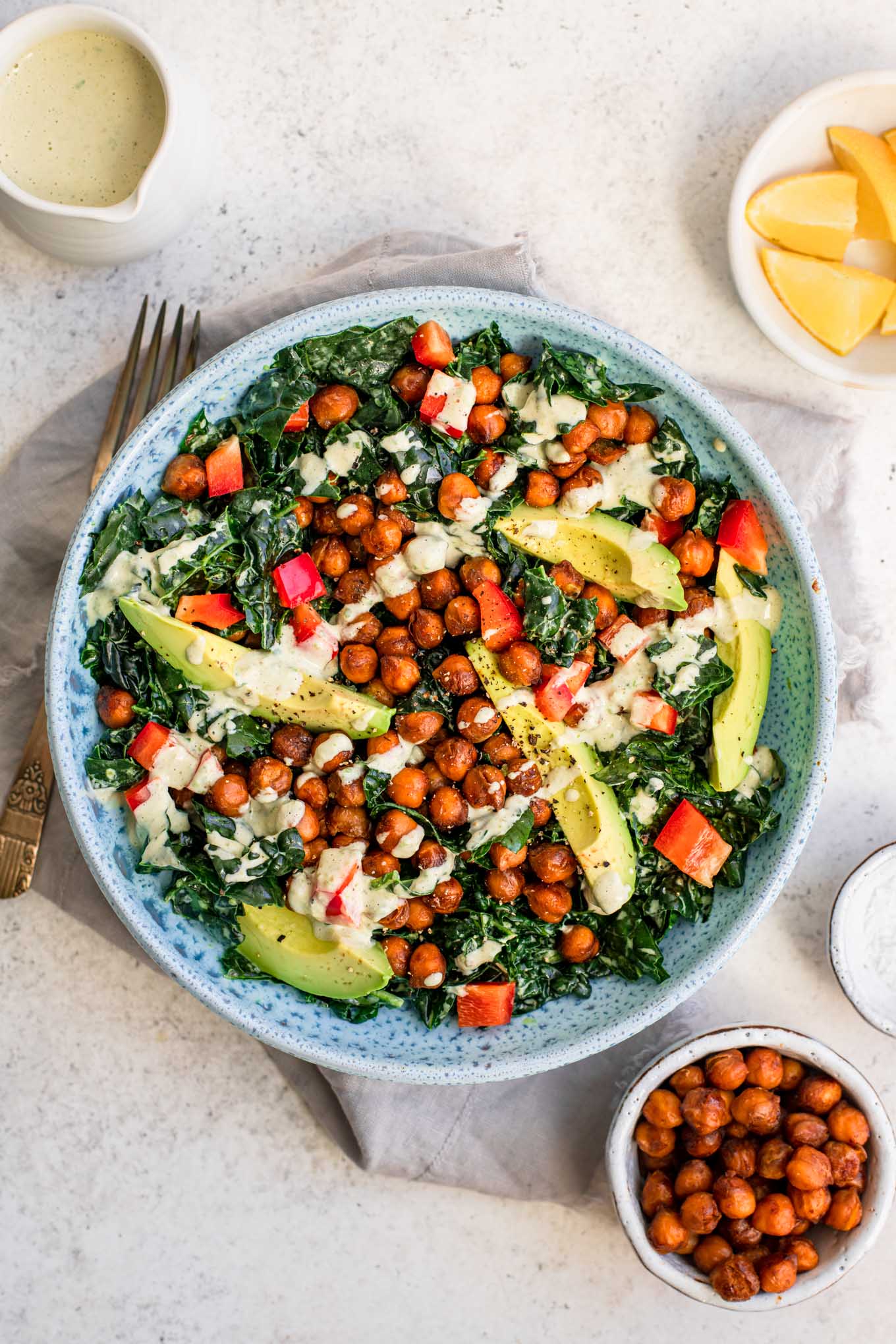 kale salad with roasted jalapeño dressing and smoky chickpeas