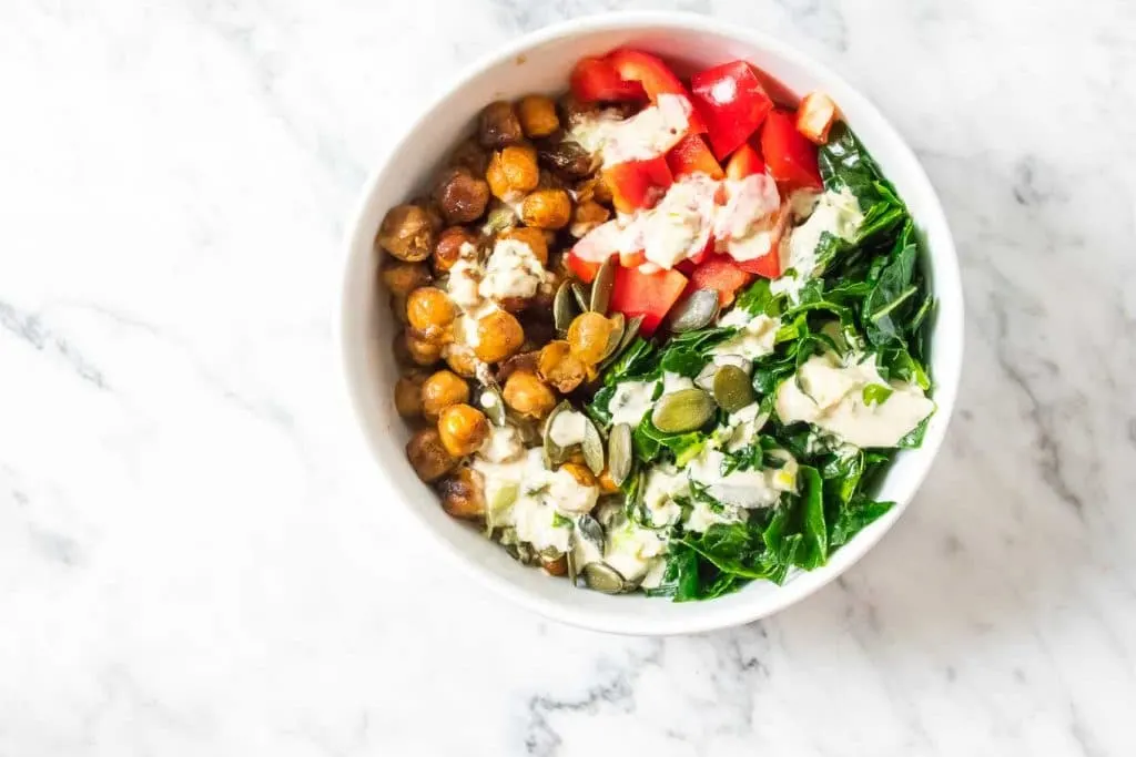 kale salad with smokey chickpeas and creamy roasted jalapeño dressing