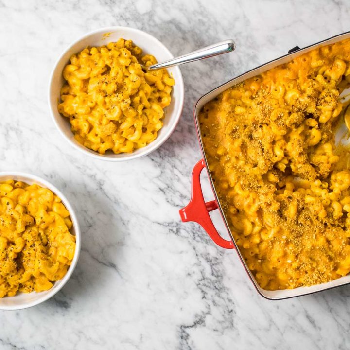 roasted garlic sweet potato mac and cheese