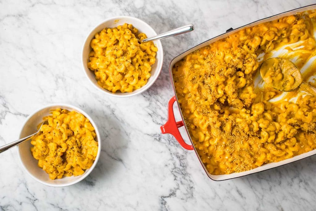 roasted garlic sweet potato mac and cheese