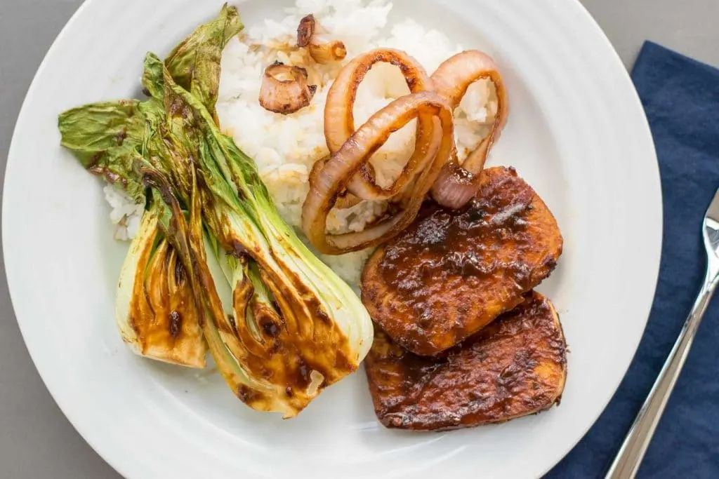 miso-hoisin glazed tofu and baby bok choy