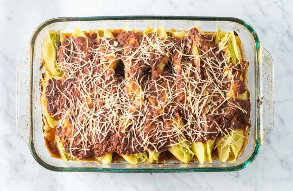 Pea Ricotta Stuffed Shells with Red Wine Marinara