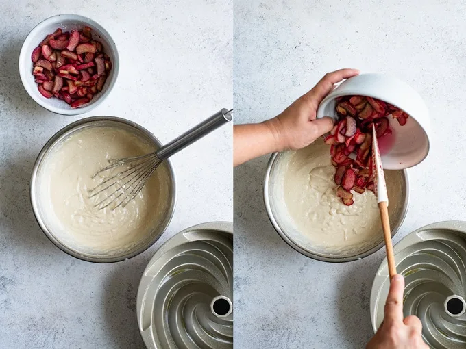 a collage of two photos: on the left the batter prepared, the rhubarb in sugar, and a prepared bundt pan. On the right the rhubarb is being added to the cake batter