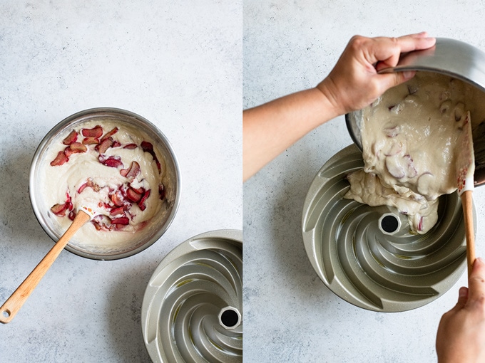 a collage with two photos. On the left a bowl the cake batter with the rhubarb being folded into it and a prepared bundt pan, on the right an overhead shot of the batter being poured into the prepared bundt pan