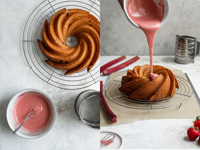 collage of two photos, on the left an overhead of the cake cooling on a rack and a bowl of the strawberry rhubarb glaze