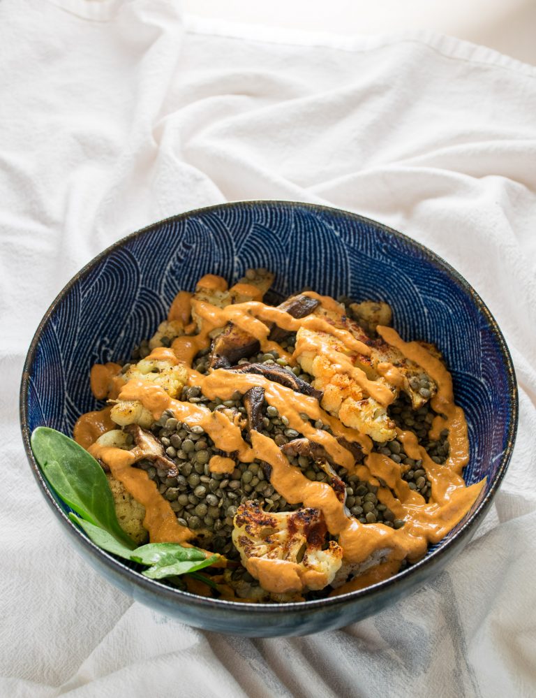 Cauliflower and French Lentils with Smoky Red Pepper Sauce • The