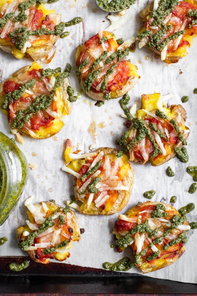 close up of the smashed potato pizzas