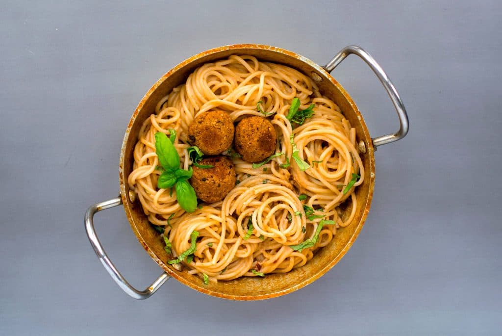 spaghetti sun dried tomato cream chickpea meatballs