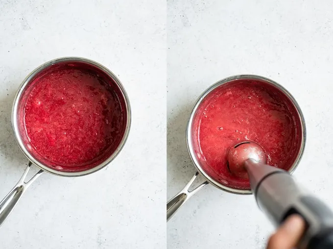 collage of the compote, on the left the hot pink compote before being blended, on the right an immersion blender is blending the compote smooth