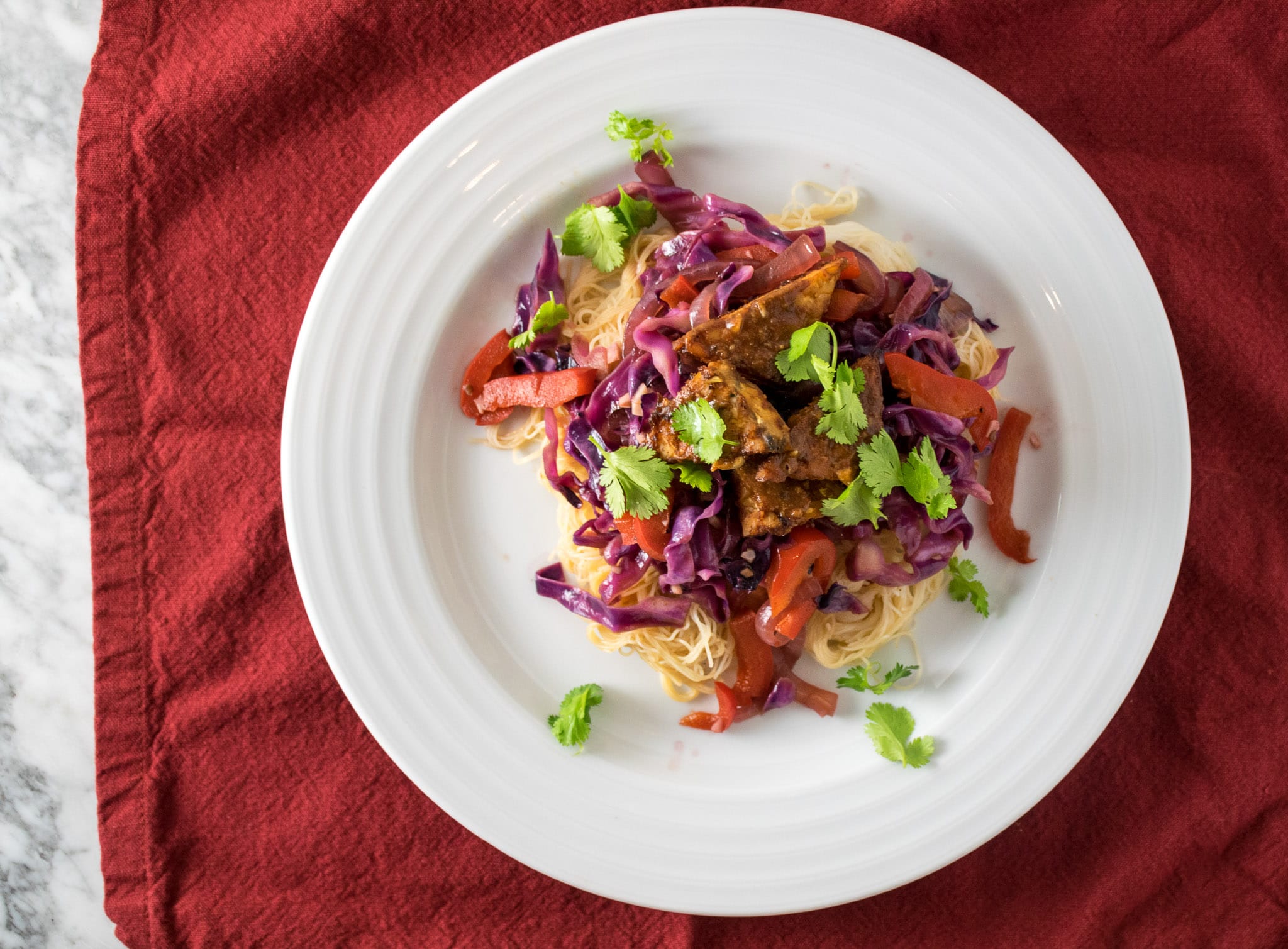 tamarind glazed tempeh stir fried vegetables rice noodles