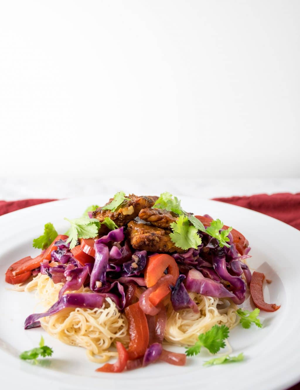 tamarind glazed tempeh stir fried vegetables rice noodles