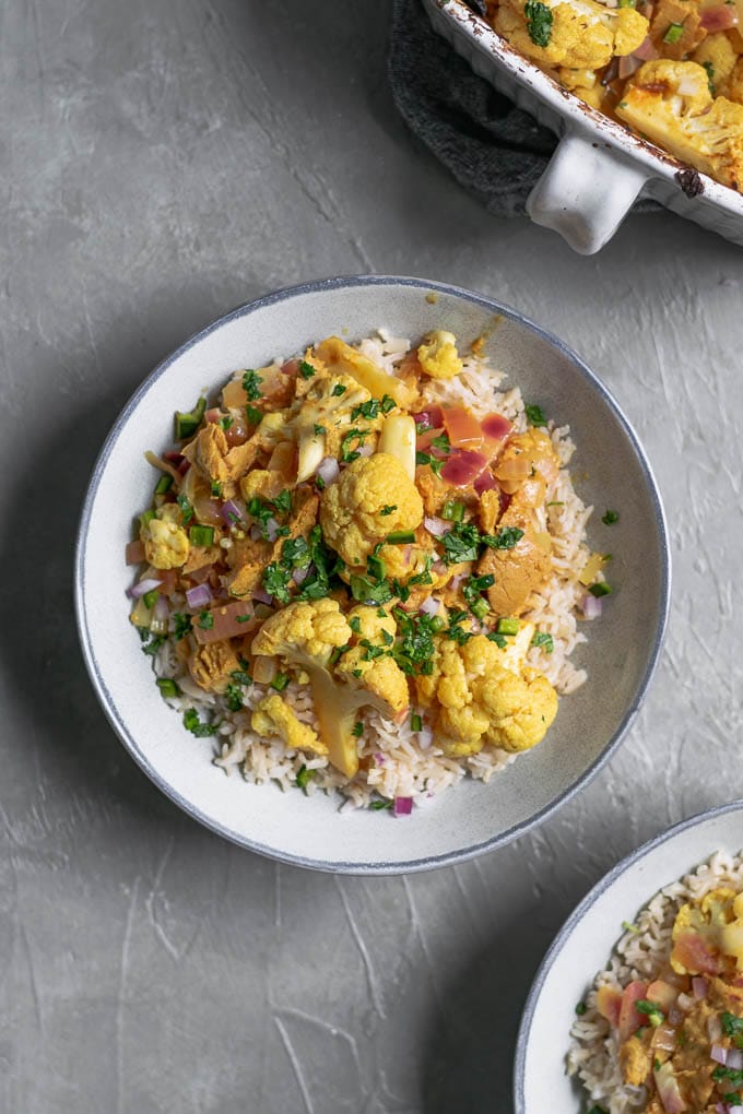 tandoori cauliflower and seitan over brown basmati rice