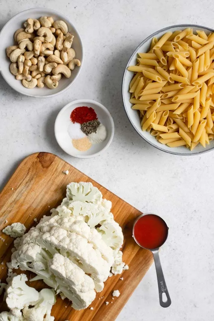 ingredients for buffalo cauliflower penne with cauliflower cut into 1-inch thick slices