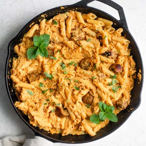 buffalo cauliflower penne with vegan sausage