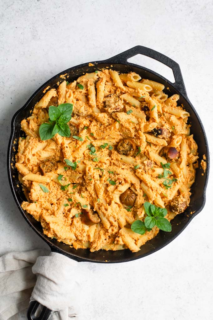 buffalo cauliflower penne with vegan sausage