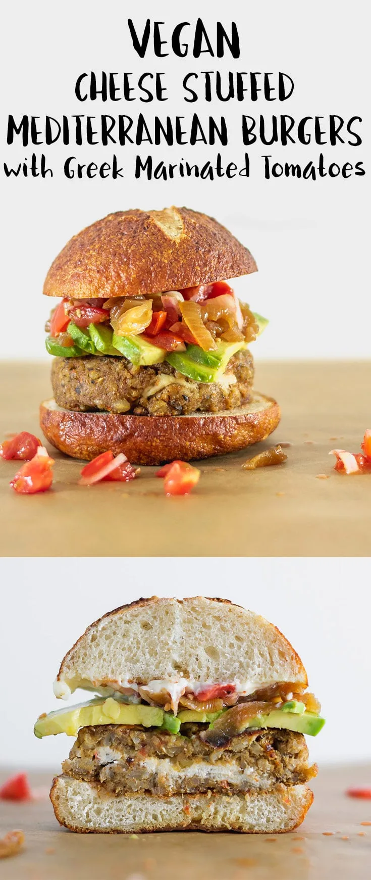 These chewy, juicy vegan chickpea burgers are packed with mediterranean flavor, stuffed with almond cheese, and served with greek marinated tomatoes | thecuriouschickpea.com #vegan #veganburger #veggieburger