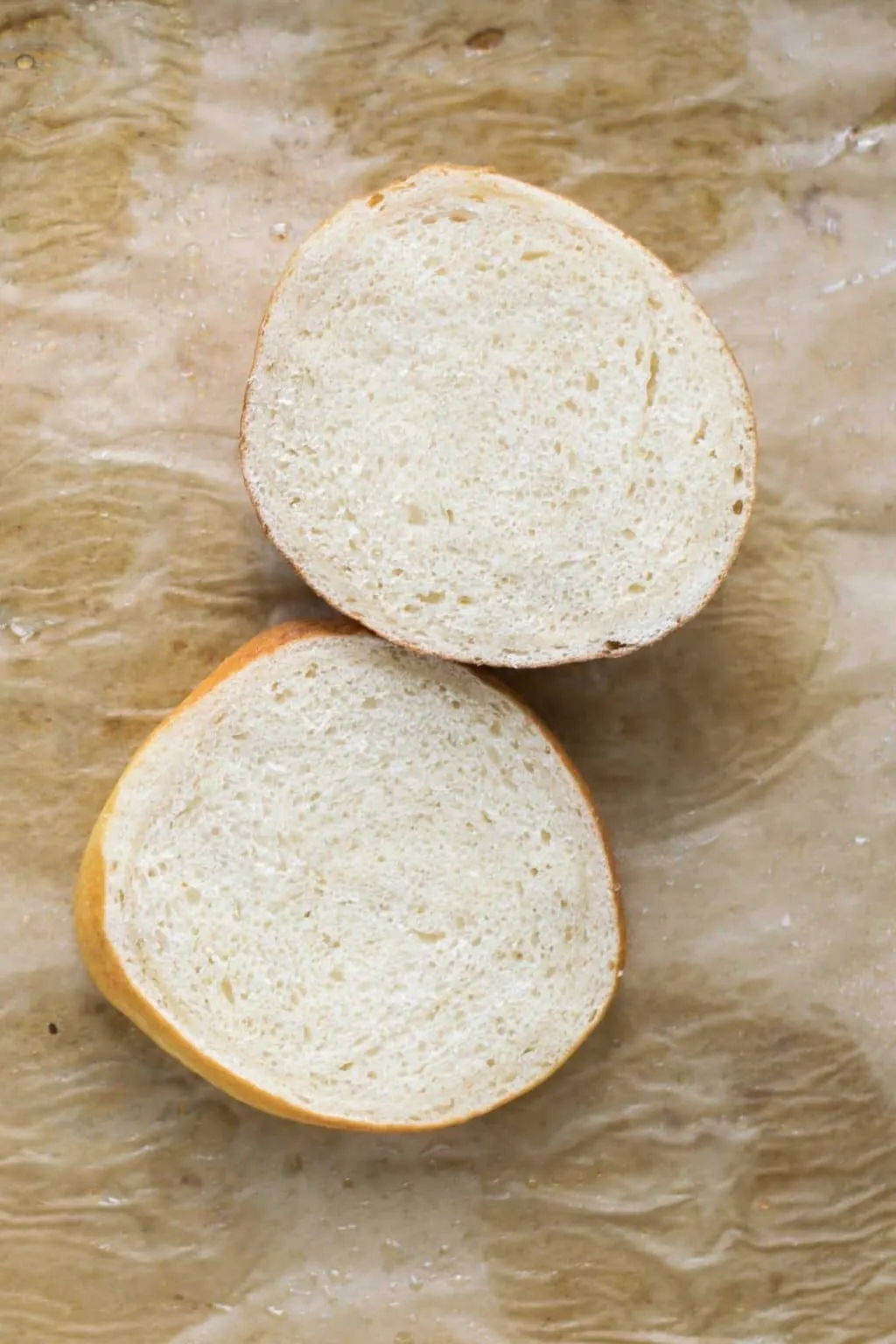 vegan homemade pretzel buns sliced open