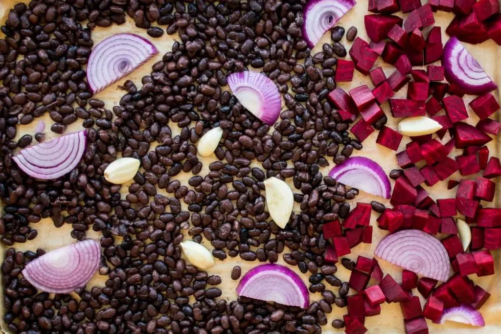black beans, beets, garlic, red onion for roasting