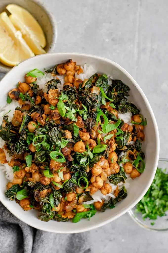 Indian curried chickpeas and greens served with basmati rice