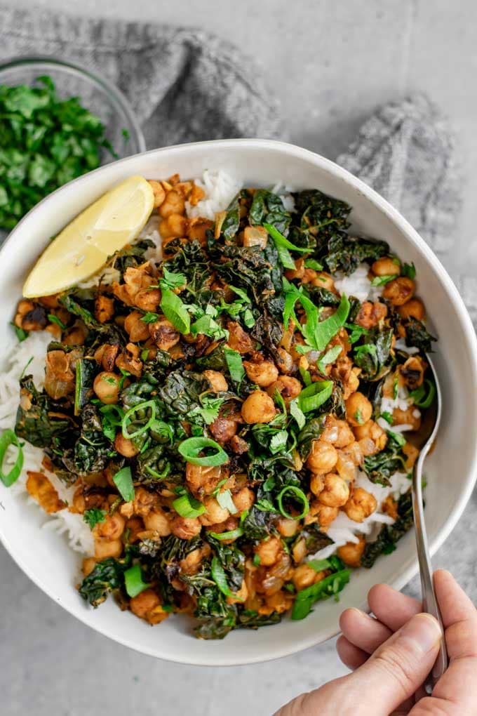 Indian curried chickpeas and kale over basmati rice