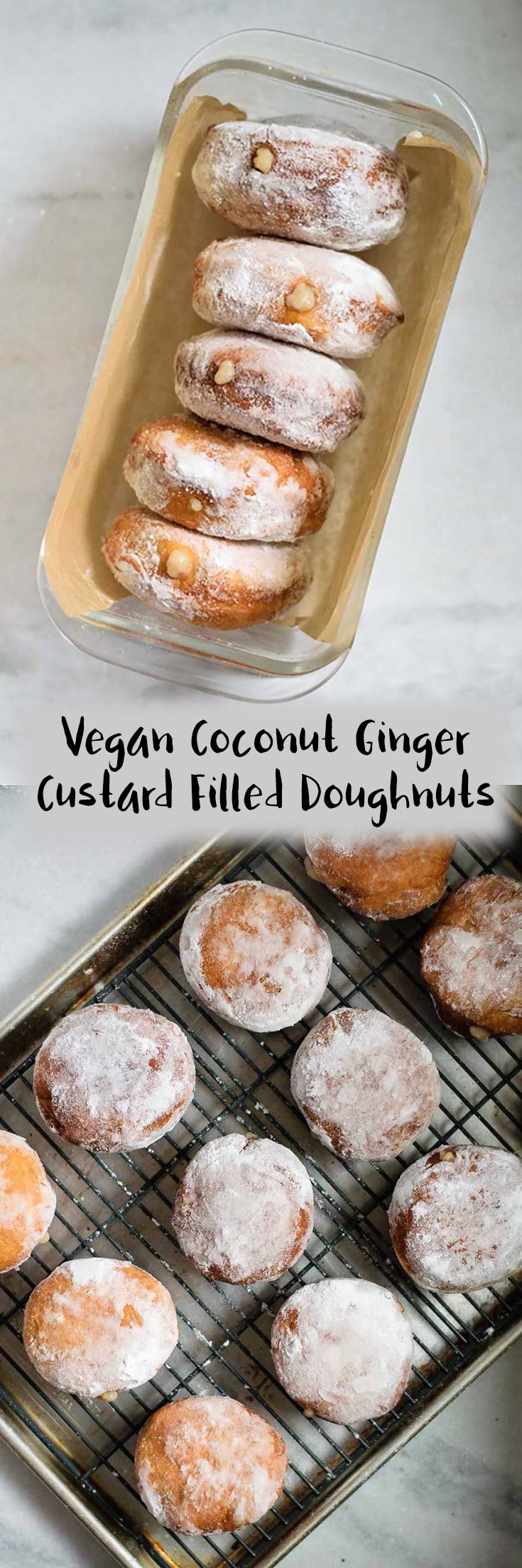 Vegan yeasted doughnuts stuffed with an easy to make and delicious coconut ginger custard. | thecuriouschickpea.com
