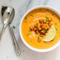 Thai Curry Cauliflower Lentil Soup with Chickpea Croutons