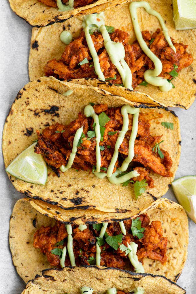 closeup of vegan tinga tacos