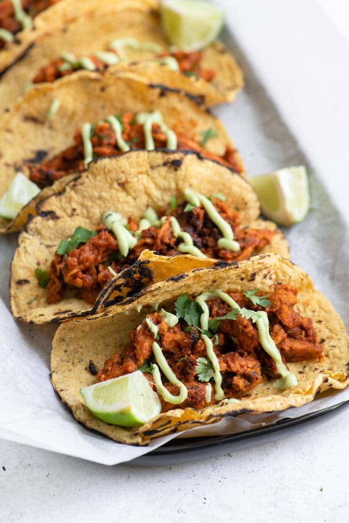 vegan tinga tacos on a platter
