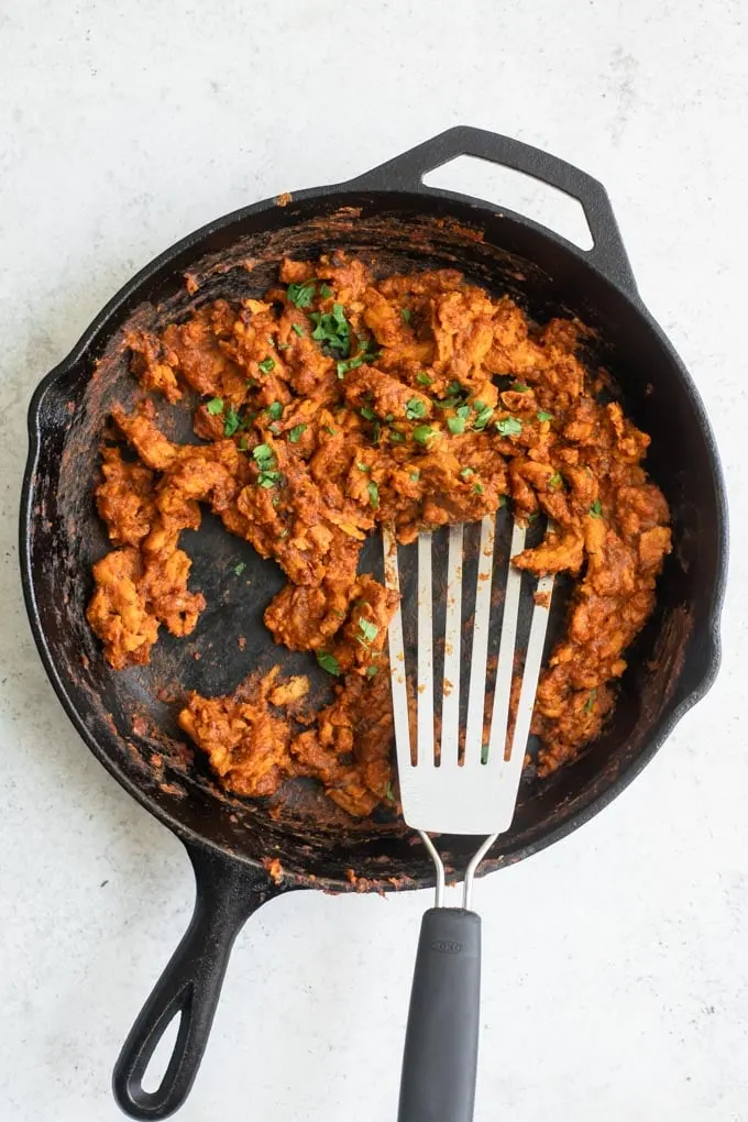 vegan tinga soy curls in skillet