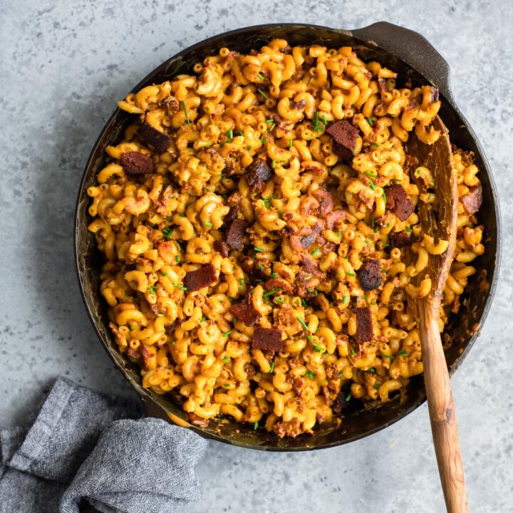 vegan fried mac and cheese in cast iron skillet