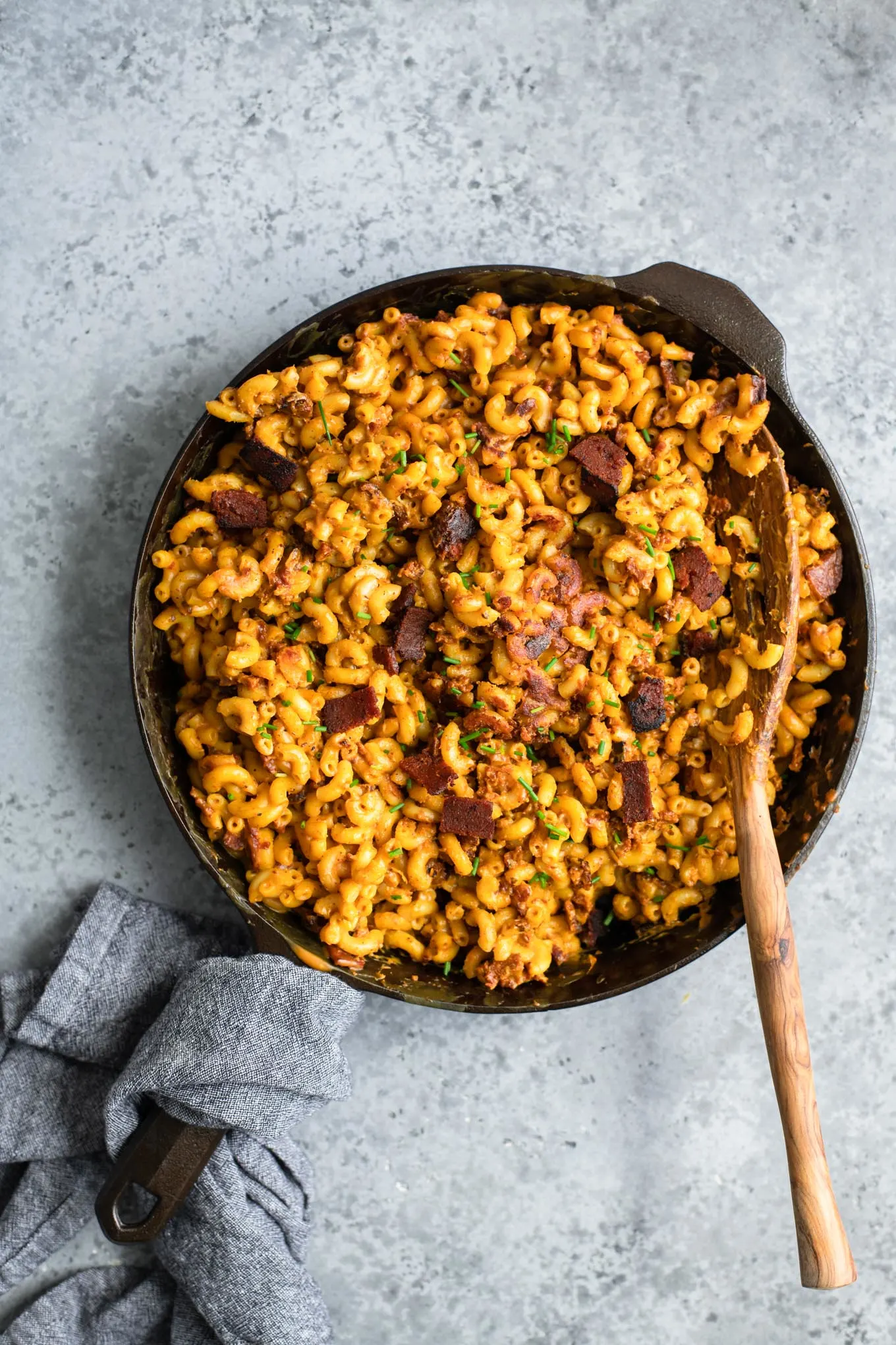 vegan fried mac and cheese in cast iron skillet