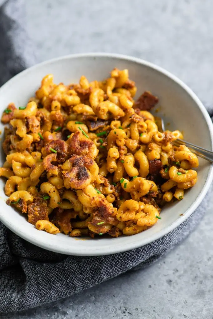 vegan fried bacon mac and cheese in bowl