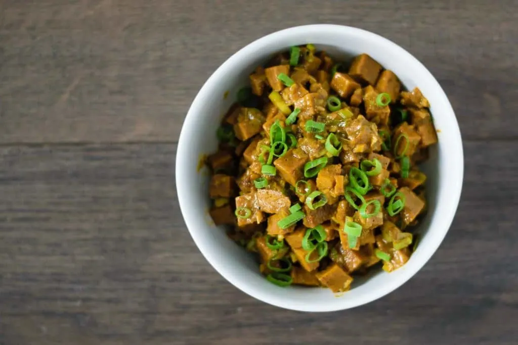 seitan curry prepared and in a bowl