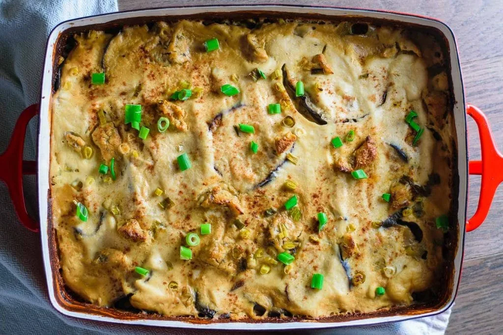close up of the baked vegan cheesy eggplant casserole