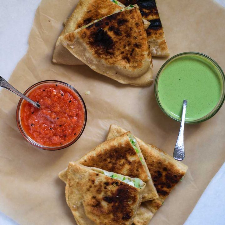 leek bolani served with chutneys