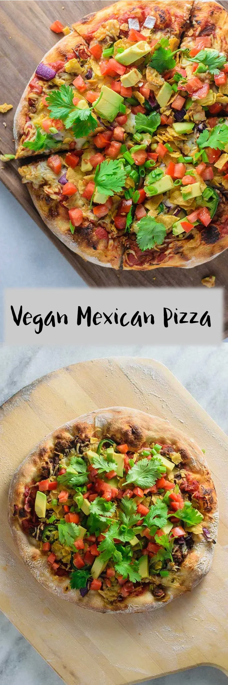 Pizza dough is piled high with taco-inspired toppings including refried beans, roasted jalapeño cheese, crushed tortilla chips, & more in this vegan Mexican pizza. | thecuriouschickpea.com