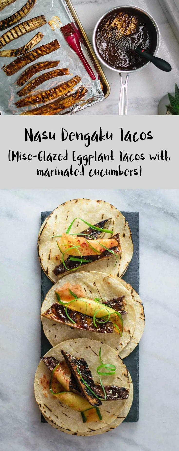 Miso Glazed Eggplant Tacos | Traditional Japanese miso glazed eggplant (nasu dengaku) are stuffed into corn tortillas, along with crisp chili marinated cucumber for a delicious and fun meal. This 30 minute meal is vegan and gluten free. | thecuriouschickpea.com #vegan #Japanese #tacos
