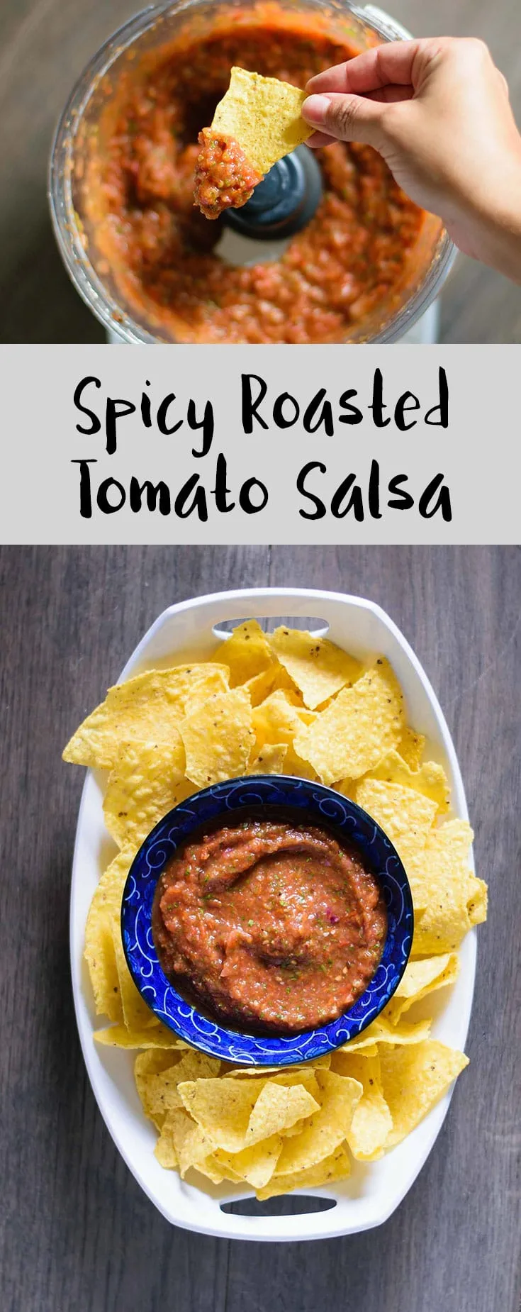Spicy Roasted Tomato Salsa | With just 8 ingredients and ready in less than 30 minutes, this homemade salsa is super easy to make and tastes way better than store bought! This roasted tomato version is spicy and full of fresh summery flavor. | thecuriouschickpea.com