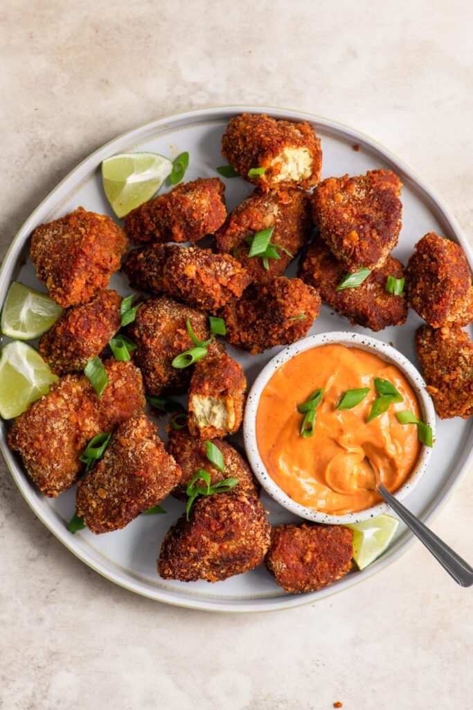 vegan tempeh wings with gochujang mayo for dipping