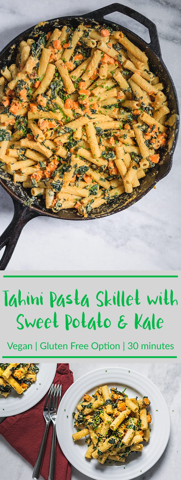 Tahini Pasta Skillet with Sweet Potato and Kale | Vegan, ready in 30 minutes, with a gluten free option. Nutty tahini pairs perfectly with chewy ziti, creamy sweet potatoes, and tender kale in this easy pasta skillet. | thecuriouschickpea.com #vegan #pasta #tahini