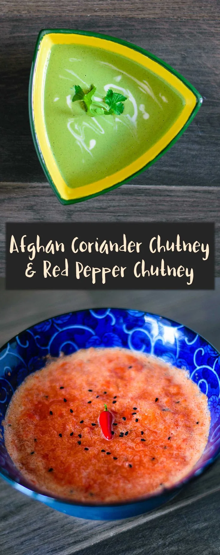 Afghan Coriander Chutney is creamy, garlicky and a bit spicy while Red Pepper Chutney is sweet and spicy. These two easy Afghan chutneys are the perfect accompaniment to your meal! | thecuriouschickpea.com #vegan #glutenfree #Afghanfood