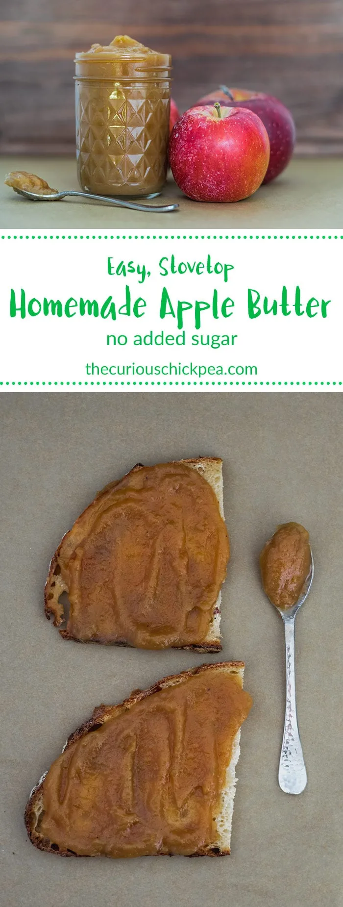 Easy Stovetop Apple Butter | This apple butter is perfectly sweet and tart with no added sugar. It cooks slowly on the stove to a buttery texture and is bursting with apple flavor. | thecuriouschickpea #vegan #apples #dessert