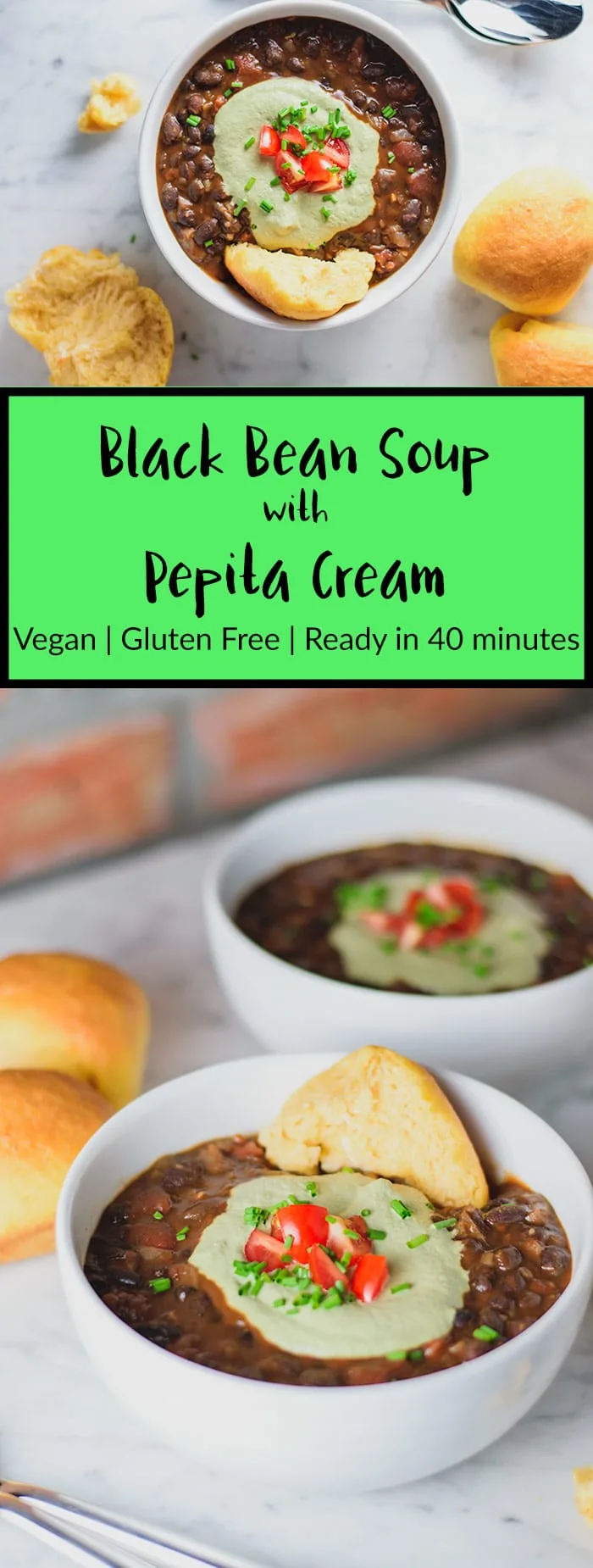 Black Bean Soup with Pepita Cream | Vegan, gluten free soup, cooks up in an easy 40 minutes. A flavorful and healthy black bean soup is served with a velvety smooth, toasty and nutty tasting pepita-lime cream. | thecuriouschickpea.com #vegan #soup #blackbeans